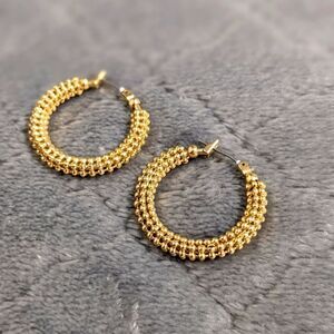 Vintage Small Beaded Goldtone Hoop Pierced Earrings